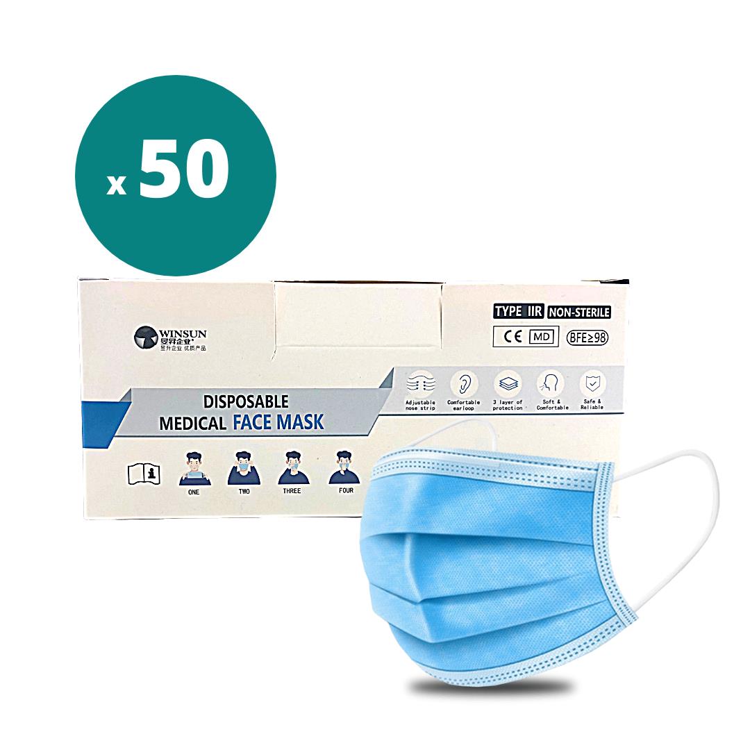 Type IIR disposable surgical medical blue face masks (pack of 50) EN14683