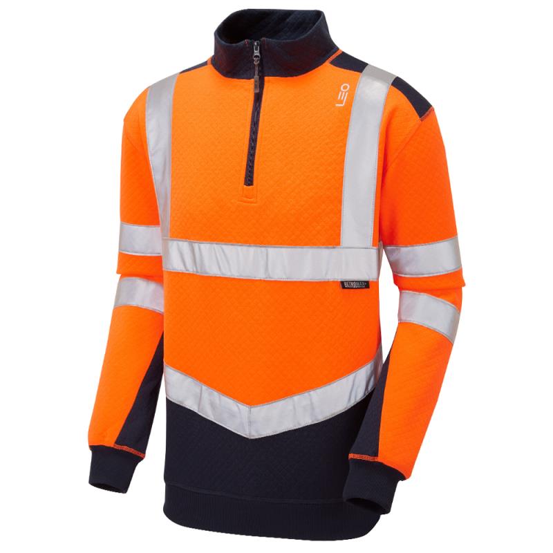Leo TAPELEY recycled sustainable high visibility orange/navy 1/4 zip work sweatshirt #SS08