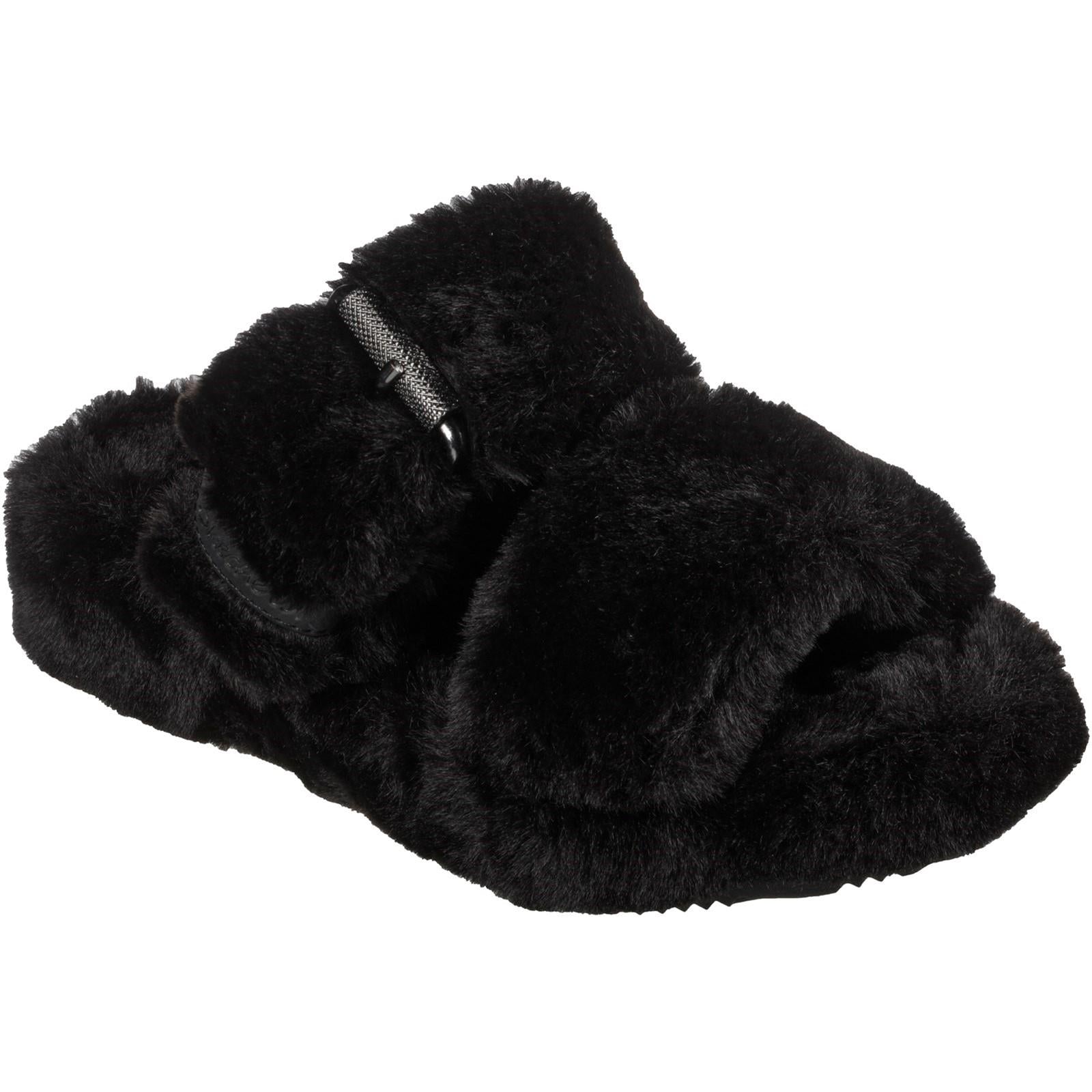 Skechers Cozy Wedge women's black faux fur vegan slide sandal #SK167238