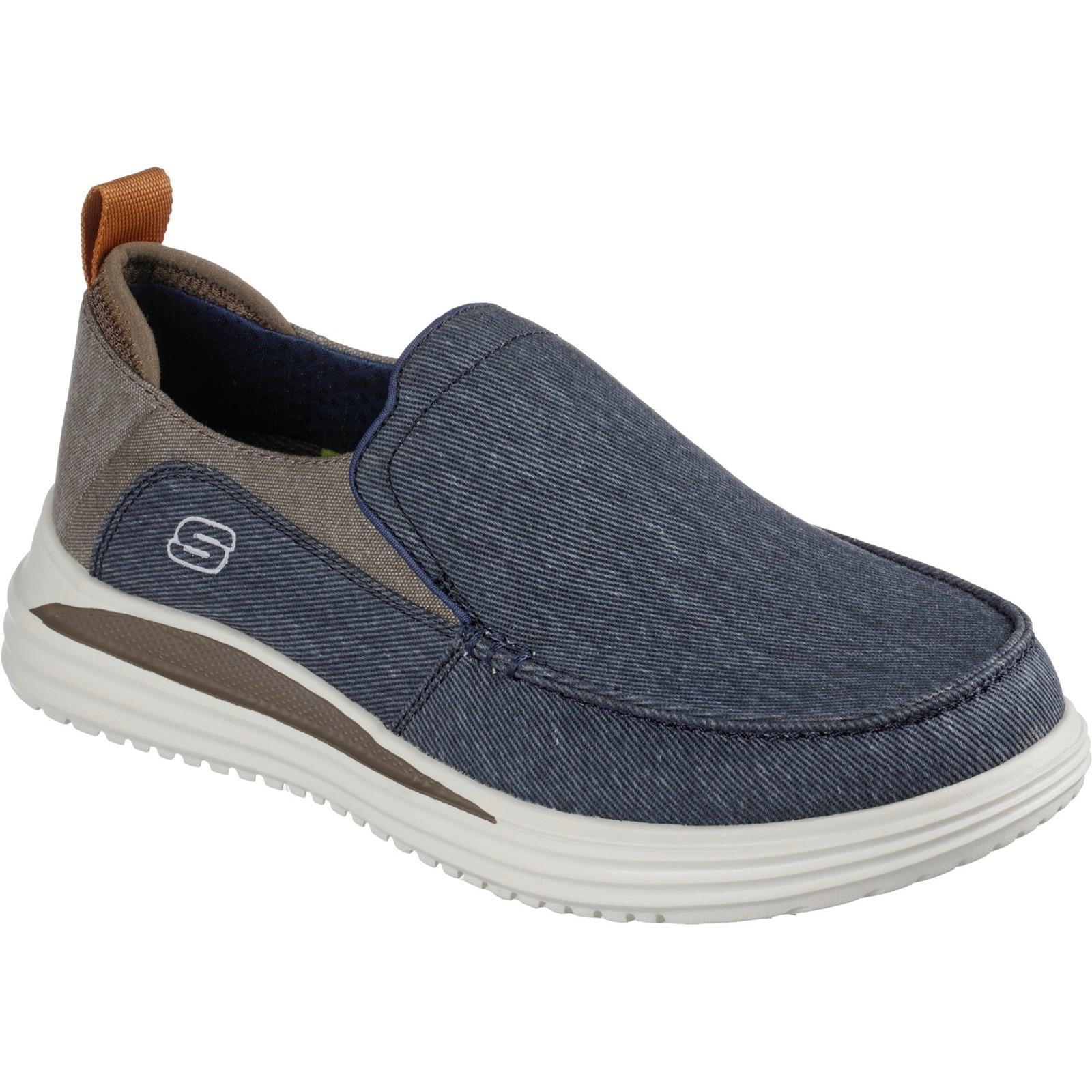 Skechers Proven Evers navy/brown men's canvas slip-on loafers shoes #204472